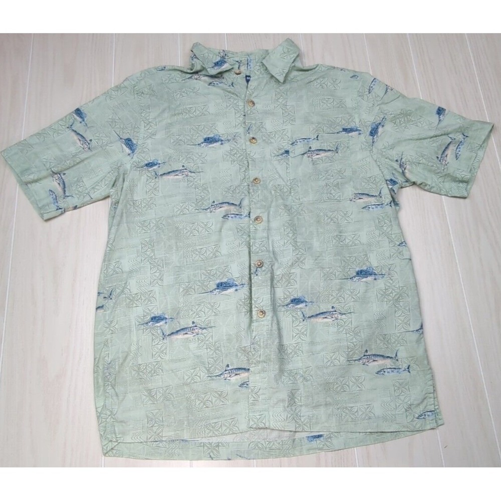West Marine XL men's button‎ front shirt cotton green blue fish print marlins +